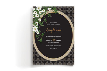 WEDDING INVITATION FRAME WITH FLOWER DECORATIONS AND FRESH LEAVES