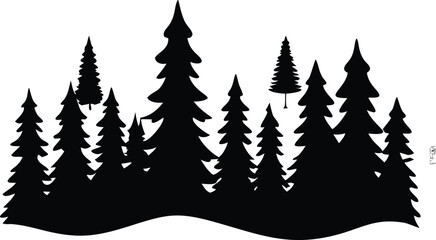 Fototapeta premium Black and white silhouette of a forest with multiple trees in the background, ideal for logos, branding, and digital artwork.