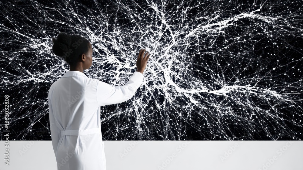 Poster scientist in white lab coat interacts with a large digital display showing a complex network of whit