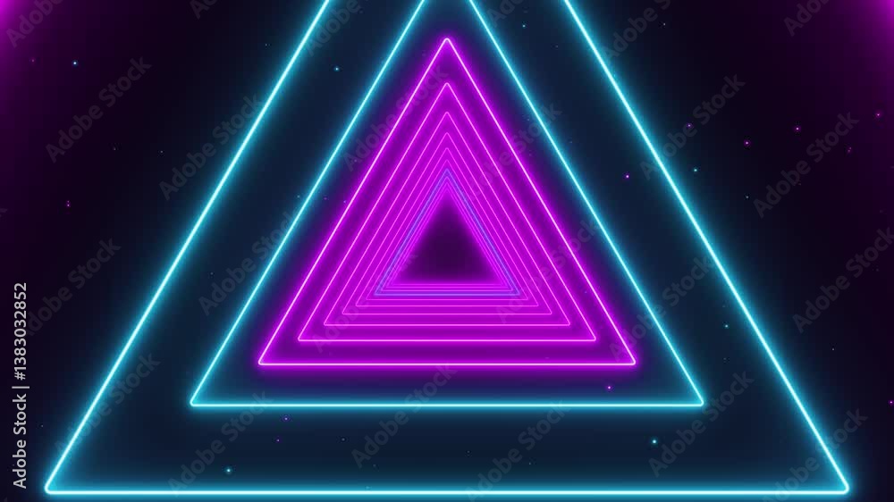 Wall mural abstract background with glowing neon lights triangle loop animation, technology and game pink and b
