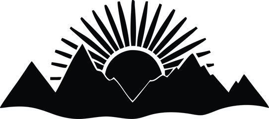 Black and white silhouette of a sun rising behind mountains, ideal for logos, branding, and digital artwork.