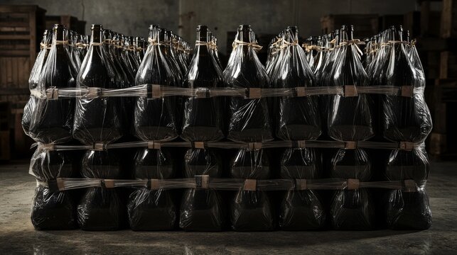 Symmetrical arrangement of wrapped bottle bundles, environmental conservation setting, professional studio lighting, industrial packaging presentation, crystalline clarity, technical photography