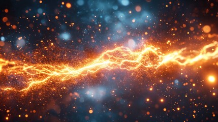 Abstract energy flow with orange and blue sparks.