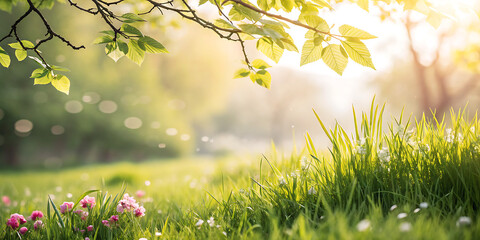 Obraz premium A fresh spring sunny garden background of green grass and blurred foliage bokeh.