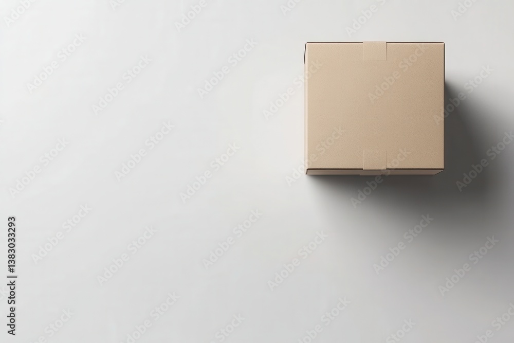 Poster minimalist top view of a closed cardboard box on a white background with soft shadow creating a sens