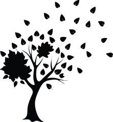 Fototapeta premium Black and white silhouette of a tree with falling autumn leaves, ideal for logos, branding, and digital artwork.