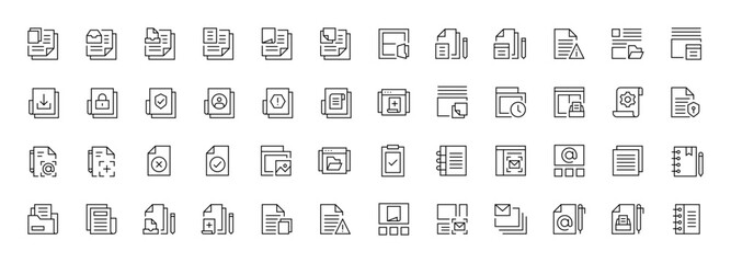Documents icon collection. Paper document icons in line style. Clipboard, certificate, folder, file, invoice, archive, checklist, business planning and more.