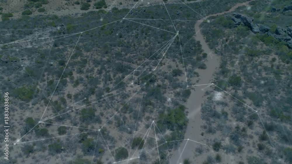 Poster network of connections and data processing animation over aerial view of landscape