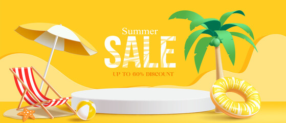 Colorful Summer Sale Banner or Poster template with Sunglasses and Tropical Elements, Vibrant Summer Sale Advertisement. Bright Summer Sale Banner