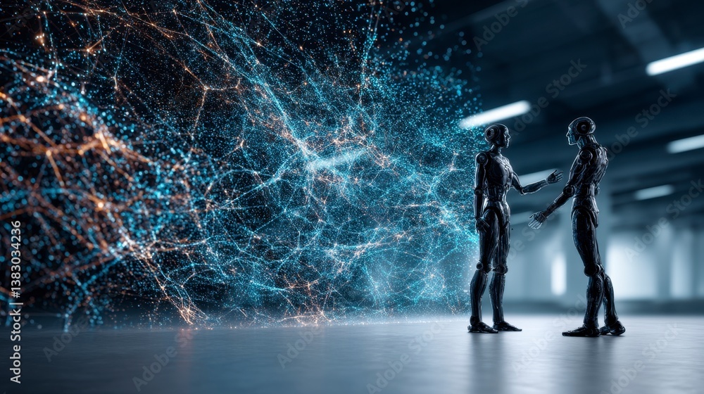 Poster two robots shaking hands in a futuristic setting, surrounded by glowing particles. dark background, 
