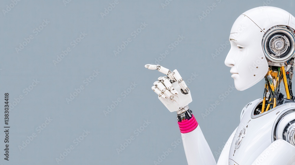 Poster white humanoid robot with exposed internal mechanisms points a finger against a gray background.
