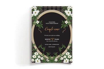 WEDDING INVITATION FRAME WITH FLOWER DECORATIONS AND FRESH LEAVES