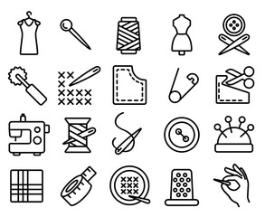 Line Art Sewing Tools and Accessories Icon Collection for Crafting and Design