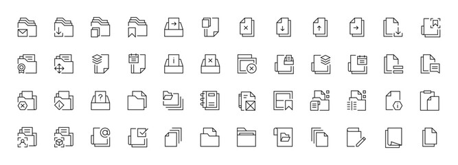 Document icon set. Paper document icons in line style. Clipboard, paper, folder, file, invoice, note, checklist, business planning and more.