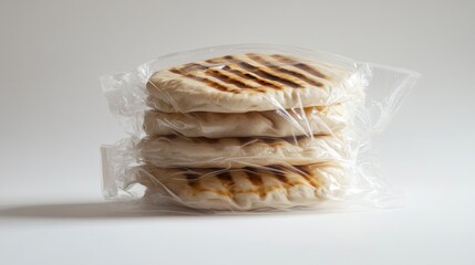 artisanal flatbread with distinct crosshatch grill marks sealed in crystal clear polyethylene bag, multiple layers of round pitas visible through wrinkles in transparent wrapping, professional
