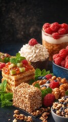 A premium selection of clean and healthy snacks is artfully arranged in a visually appealing snack box showcasing delicious pastries, fresh berries, and granola for a delightful