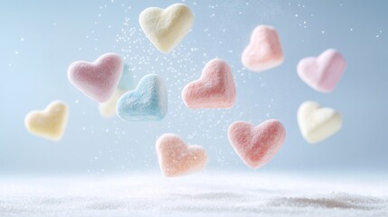 Fototapeta premium Dramatic capture of handcrafted marshmallow candies frozen in motion, heart-shaped and star-shaped pieces in cotton candy colors, some pieces slightly twisted showing dimensional movement, fine sugar