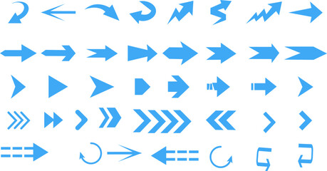 Minimalist Blue Arrow Icons Set with Transparent Background – Directional, Curved, Zigzag, Dashed, and Circular Arrows for Navigation & UI Design
