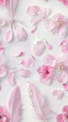 Pink peonies and pink feathers, watercolor, light background