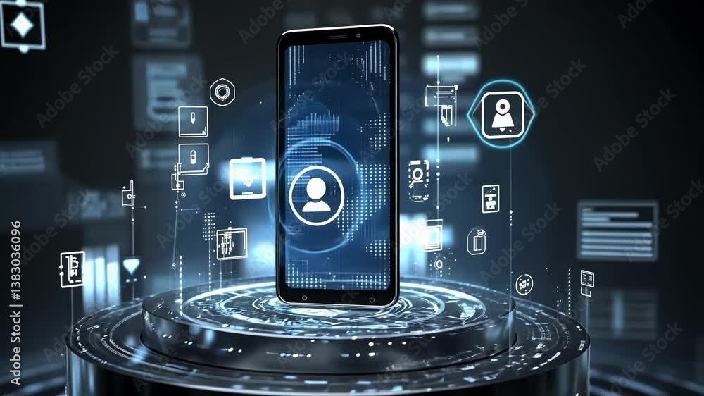 Poster futuristic smartphone showcasing global cybersecurity and data protection. surrounded by holographic