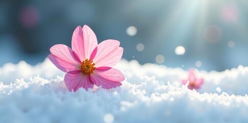 Delicate flower blooms on a snowy white surface, stem, flowers