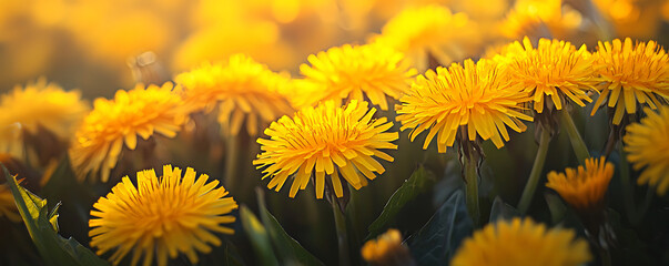 A vibrant close-up of blooming yellow dandelions under warm sunlight in a sunlit meadow with a soft-focus background filled with green stems and leaves