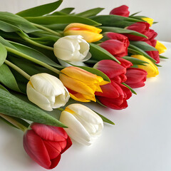 Obraz premium A side view, closeup of a collection of red, yellow and white ONLY ONE tulip flowers isolated on a flat table top.