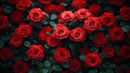 Naklejka premium A stunning close-up of a dense wall of blooming red roses, ideal for romantic occasions like Valentine's Day, Mother's Day, or Women's Day celebrations.