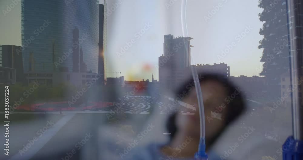 Poster animation of urban skyline blending with abstract shapes and reflections in layers