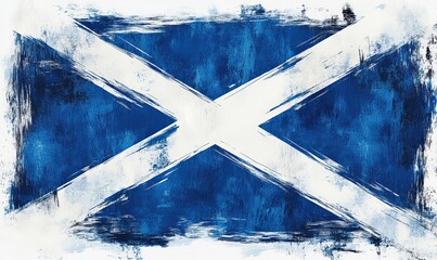 Grunge painted Scotland flag. Template for invitation, poster, flyer, banner, etc. Abstract watercolor splashes flag of Scotland. Saint Andrew day concept.