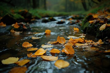 Autumn leaves floating in a woodland stream