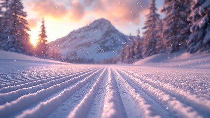 Winter wonderland landscape with snow covered mountains and trees for ski resort and winter sports season