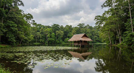 Tranquil Lake Cabin: A Peaceful Getaway Surrounded by Nature, Water Lilies & Lush Greenery. Explore the Serene Beauty of the Rainforest!