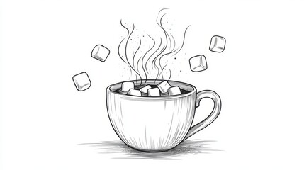 Bold black outline drawing of steaming hot chocolate mug with floating marshmallows, chunky bold linework perfect for coloring books, whimsical steam swirls rising from cup, simple geometric shapes