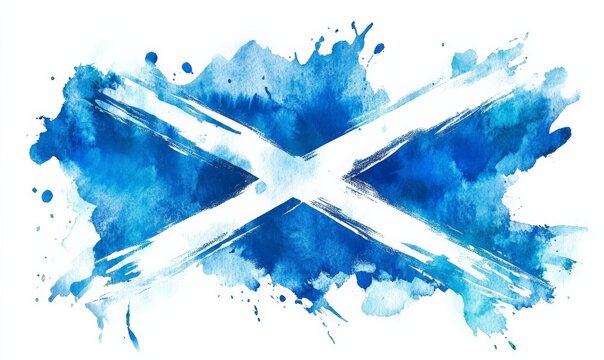 Grunge painted Scotland flag. Template for invitation, poster, flyer, banner, etc. Abstract watercolor splashes flag of Scotland. Saint Andrew day concept.