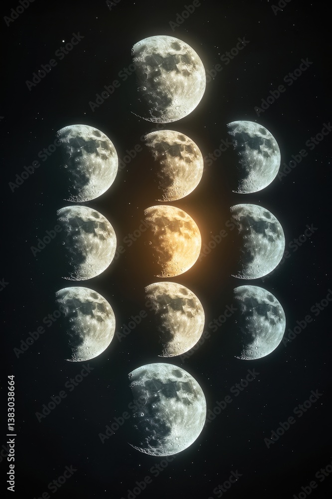 Poster captivating lunar phases array celestial symphony of moon stages in dark space glowing orb astronomy