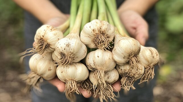 Fresh organic garlic bulbs harvest being held in hands for healthy eating and cooking concept idea