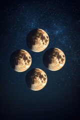 Naklejka premium Four celestial moons in cosmic alignment against a starry night sky evoking wonder and mystery astronomical concept dreamy background