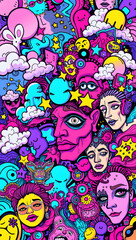Fototapeta premium Intricate illustration with a kaleidoscope of vibrant characters and shapes, full of life.