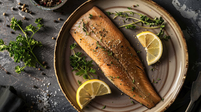 op-down view of a kipper with lemon slices and fresh herbs on a plate