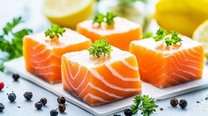 Fresh salmon fillets with garnishes