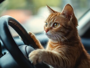 A cat is sitting in the driver's seat of a car