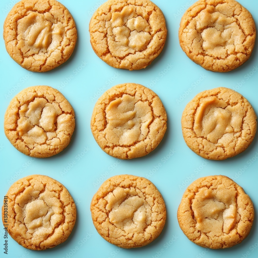 Poster delicious peanut butter cookies arranged symmetrically on a light blue background creating a delight