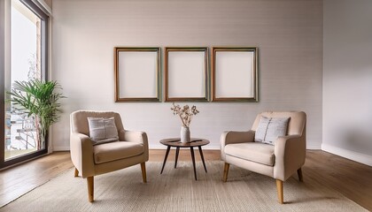 a cozy living space featuring two armchairs and three empty frames on a light wall creating a minimalist and inviting atmosphere