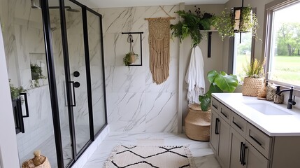 A modern bathroom with natural elements and a glass shower
