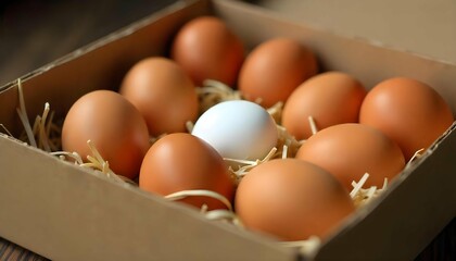 A cardboard box filled with eggs. There are nine eggs in the box, all of which are brown in color. The eggs are arranged neatly in the straw, with some of them overlapping each other. 