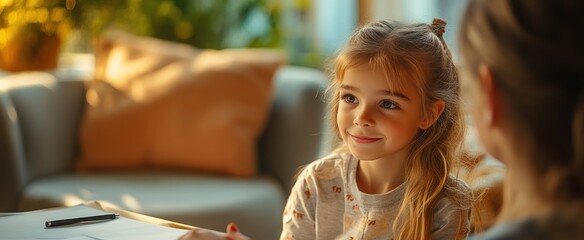 Girl drawing with mom at home with bright background, for family blog and web
