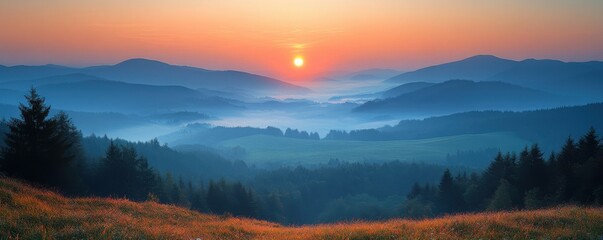 A beautiful mountain range with a sun setting in the background