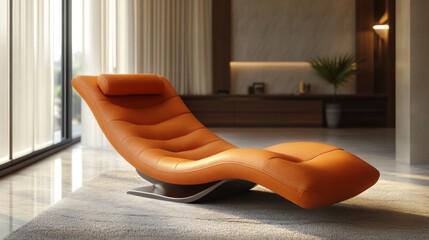 Stylish orange chaise lounge chair in modern interior with large windows. Suitable for interior design, furniture advertising.