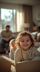 Happy girl plays in a box at home, her sister and father are blurred behind